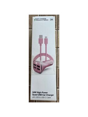 Hypergear Pink Quad USB Car Charger with USB-C Cable, 3ft